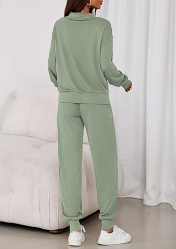 Image of PRETTYGARDEN Women 2 Piece Ribbed Knit Matching Lounge Sets | Comfy Sweat Track Suits, Athleisure Casual Outfit, Half Zip Sweatshirt & Jogger Pants, Fall Winter Clothes for Airport Travel