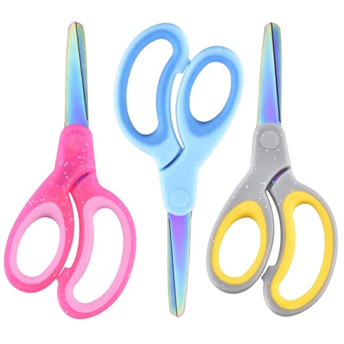Image of SCAIKTIG 5 inch Kids Scissors Set(3 Pcs), Safety Rounded edge Blunt-Tip, Titanium Coating Blades, Comfort Grip for School Classroom Children and Toddler Cutting Craft Paper, Glitter Assorted Color