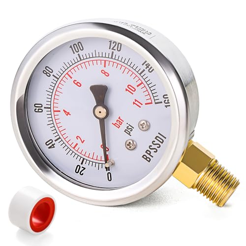 0-160 Psi Pressure Gauge, 2.5" Dial Size, 1/4" NPT Lower Mount, 304 Stainless Steel Case, Water Pressure Gauge Test for Water Pump, Pneumatic Air, RV Hose, Tank, Well Pump(with Tape)