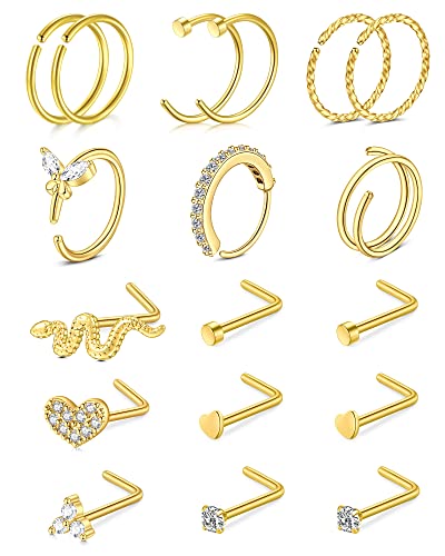 JFORYOU 20G Nose Studs Nose Rings Hoop Surgical Steel CZ Opal Nose Rings Piercings Hoop Jewelry Various Style and Color