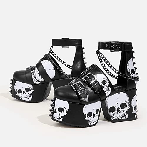 DETOGNI Women's Skull Design Silver Spiked Studs Chunky Platform Black Wedges Shoes Punk Gothic Hanging Chains Adjustable Strap With Buckles And Eyelets Block Heel Boots2