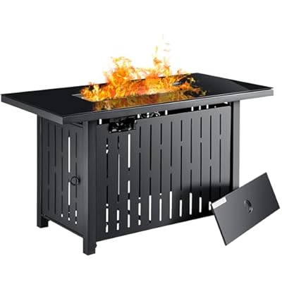 Flamaker Gas Fire Pit Table 43 inch 50000 BTU Outdoors Gas Propane Firepits with Tempered Glass Desktop, Lid & Lava Rock and Waterproof Cover for Deck, Backyard, Patio