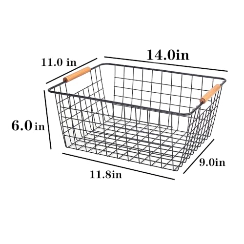 LeleCAT-Large-black-wire-basket-for-Organizing-with-Wooden-Handlespantry-refrigerator-organizers-and-storageSnack-Storage-Baskets-for-Cabinets-Closets-Bedrooms-kitchen-2packBlack