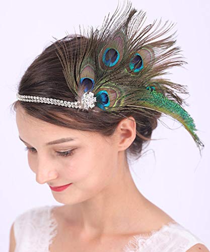 Anglacesmade Diadema de plumas de pavo real tocado con cadena de cristal...