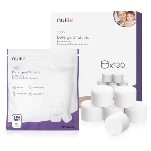 Nuliie 130 Detergent Tablets Compatible with Momcozy KleanPal Pro, GROWNSY EaseClean Bottle Washer, Fast-Dissolving, Remove Milk Residue & Odor, Gentle Formula Safe for All Baby Bottle Washers