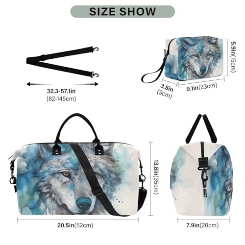 Large Travel Duffel Bag, Wolf Head Blue Sports Tote Gym Bag, Shoulder Weekender Overnight Bag for Women Men, Carry On Luggage with Toiletry Bags3