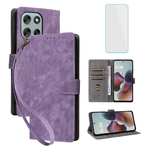 Étui Motorola Moto G56 5G violet avec porte-cartes béquille et film protection écran