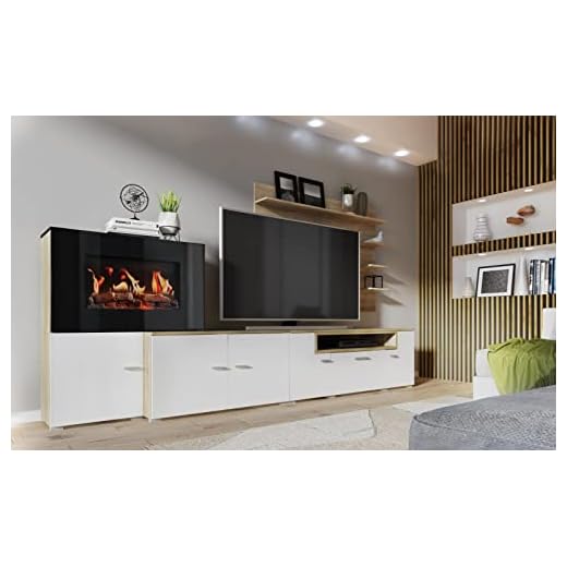 Skraut Home | Mueble para Salón con Chimenea Eléctrica | 170 x 290 x 45 cm | Sistema de Iluminación LED Efecto Llamas | Modelo New Olympo | Estilo Moderno | Acabado Blanco/Roble
