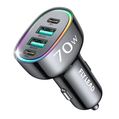 Car Charger USB C, 4 Port 70W Super Fast Charging for iPhone 17 Car Adapter, Dual PD 35W Type C & QC 3.0 USB A Multiport Car Cigarette Lighter Accessories for...