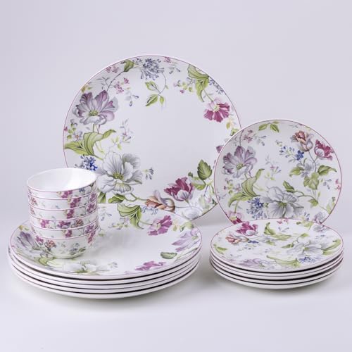 Image of GOLDEN QUEEN'S 18 Piece Dinner Set - Serving 6 | Perfect for Hosting and Daily Meals | Microwave Safe | Includes 6 Dinner Plates, 6 Small Bowls & 6 Side Plates (Garden Splendor)
