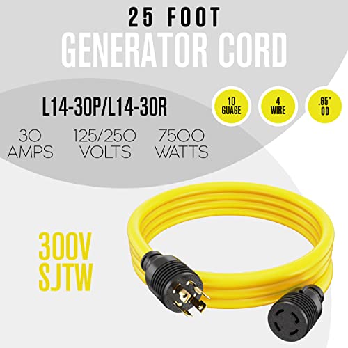 Houseables Generator Cord 30 Amp 4 Prong, Generators Extension, 25 Ft, 125-250V, 7500 Watt Max Rating, Ul Cul, Nema L-14-30P, Rubber, 10 Gauge, Heavy Duty, L14-30, Transfer, Power Cable, Locking #TOP3