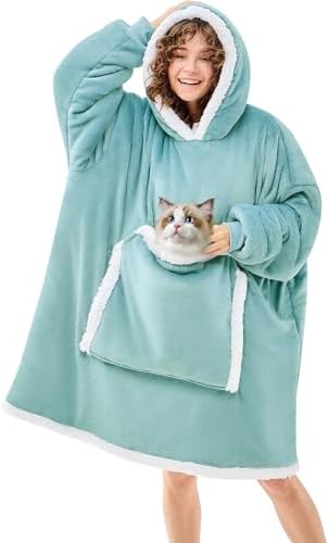 JOYWOO Wearable Blanket Hoodie,Oversized Cat Lovers Sweatshirt Blanket for Adult, Birthday Gifts for Women,Mom,Friend,Cozy Sherpa Hooded Blanket with Giant Pocket and Winter Gifts,Blue Gray Standard