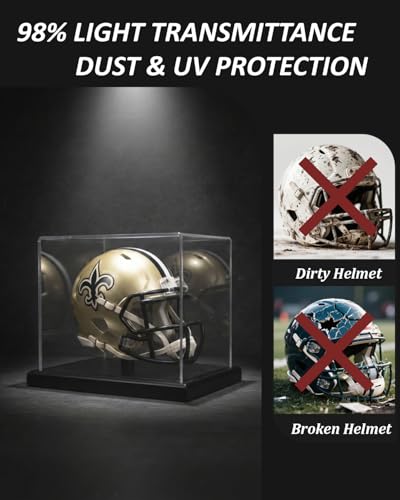 Image of Mini Helmet Display Case with Solid Wood Base - Floating Design Clear Fully Assembled Acrylic Box for 1:2 Scale Football Helmets, Dustproof Memorabilia Showcase (Dark Walnut)