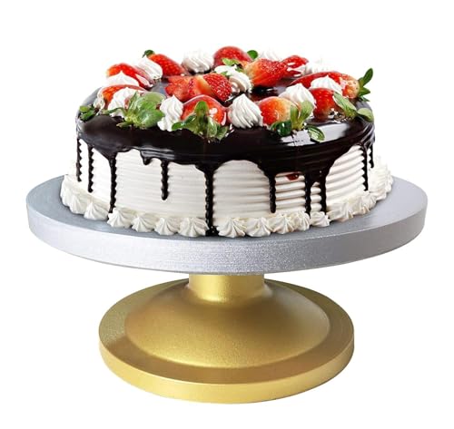 Image of Cake Decorating & Icing Turntable | 12-Inch 360 Rotating Cake Stand for Baking & Serving | Fiber Cake Turntable with Silver Top & Golden Base | Professional Cake Decorating Stand