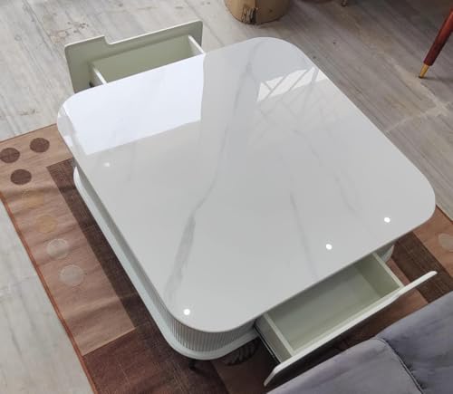 Image of WOODEN SPACE Premium Solo Marble-Top Wooden Center Table for Living Room | Iron Legs | PVD Coating | Modern Entryway Furniture | Coffee Table (White)