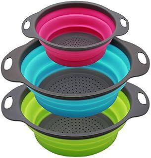 SKERITO Set of 3 Collapsible Kitchen Colander/Strainer, Two 4 One Piece-2 Quart,Perfect for Draining Pasta, Vegetable,Fruits (Green,Blue, Purple), polypropylene