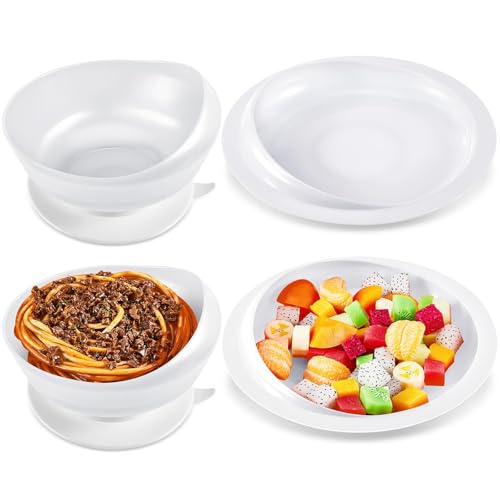 Spill Proof Scoop Plate and Bowl with Suction Base, Suction Cup Bowl, Parkinsons Aids for Living, Adaptive Dinnerware Feeding Aids for Elderly and Disabled (One Plate+one Bowl,White)