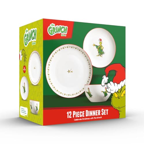 The Grinch™ 12-Piece Porcelain Dinner Set, 27cm Plates, Christmas Collection, Green Tree Design, Star Border, Microwave and Dishwasher Safe