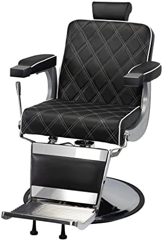 QUUL Reclining Barber Chair Hydraulic Salon Chair with Diamond Pattern - Black+Silver