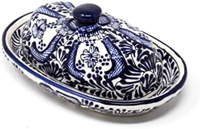 Encantada Handmade Hand-Painted Authentic Mexican Pottery, Butter Dish with Lid, Cobalt Flower (MC129F)
