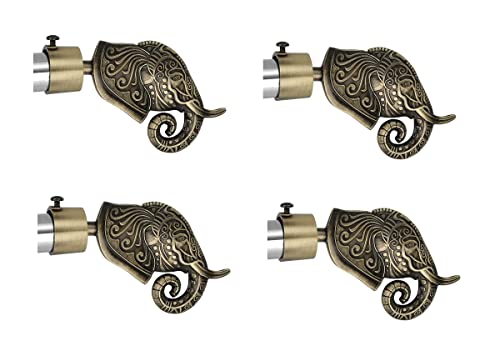 Image of FERIO Elephant Design Brass Antique Zinc Alloy Curtain Finials Door and Window 1 Inch Rod Size Set of 2 (4 Pcs) : Curtain Bracket /Holder
