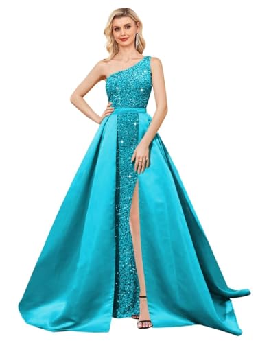 Women's Mermaid Sequin Prom Dresses with Detachable Train One Shoulder Long  Satin Formal Dresses Sparkly Ball Gowns Aqua 0 at Amazon Women's Clothing  store