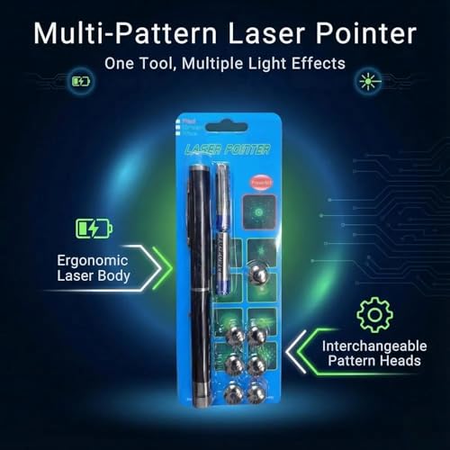 Image of SHAKTISM Laser Pointer Pen with 7 Interchangeable Pattern Heads | Metal Body Presentation Pointer | Star, Grid & Spiral Effects | Long Range Beam | Ideal for Teaching, Meetings & Outdoor