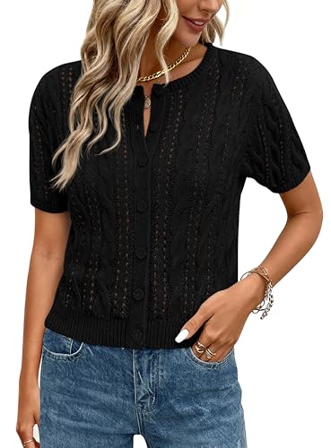 MASCOMODA Women Summer Cable Knit Crochet Cardigan Sweaters Casual Button Short Sleeve Sweater Cute Beach Hollow Out Knit Top(Black,X-Large)