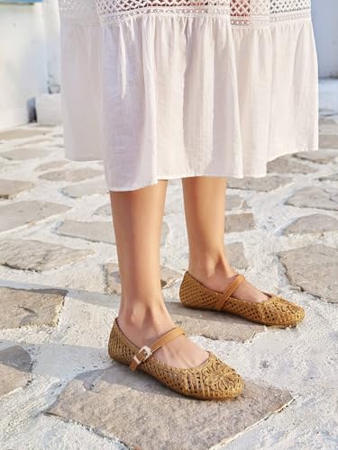 Image of Coutgo Womens Mary Jane Woven Flats Round Toe Ballet Flats Dressy Comfortable Slip On Shoes