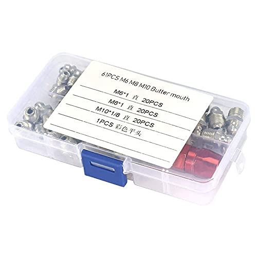 Lizusidtsy 61Pcs/Set Grease Fitting Pack M6/M8/M10 Metal Nipple Mechanical Lubrication Part Grease Nipple Fitting Assortment Kits