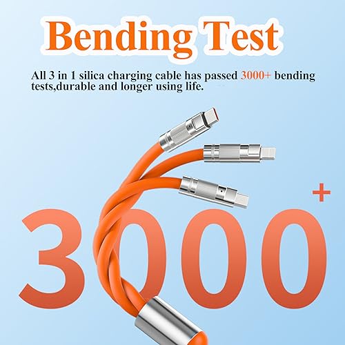 Image of 120W 3 in 1 Chubby Charging Cable 6.6FT Heavy Duty Charger Cord Chubby Charging Cable Zinc Alloy Soft Silicone Compatible with Cellphone Tablets,Fast Charging Cable for Home,Office,Car(Orange)