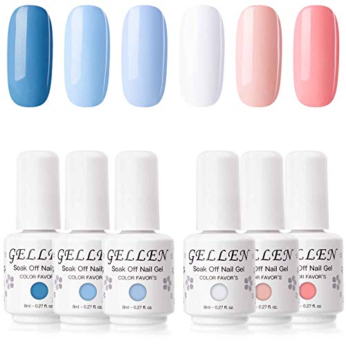 Gellen Gel Nail Polish Set - Blue Peach 6 Colors Series - Popular White Nail Art Colors UV LED Soak Off Nail Gel Manicure Kit