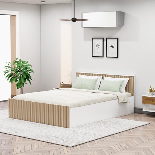 Image of Bniture Modern King Size Bed with Storage Box | Engineered Wood Bed 3D Textured Panels | Dual Tone Cupboard for Bedroom | Wooden Bed King Size with Storage (Frosty White & Giant Wood, King)