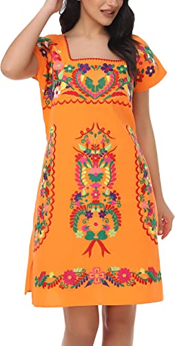 Image of YZXDORWJ Women Mexican Embroidered Dress Ruffle Collar Sleeveless