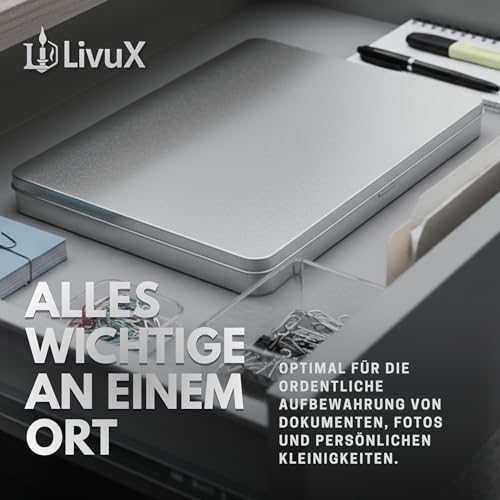 LivuX 2x DIN A4 Metall Dokumenten Aufbewahrungsbox mit Klappdeckel – L31 x B22 x H2,25 cm, stabile Flache Blech-Dose für Fotos, Schutzbox für Urkunden & Unterlagen, Rostfrei, stapelbar, langlebig 1002