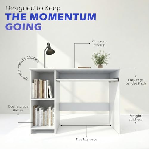 Image of 104x50x75CM Engineered Wood Study Table with Keyboard Tray & 2 Open Storage Shelves for Home, Office | Scratch & Moisture Proof Computer, Laptop Table | 1 Year Warranty- Everest White