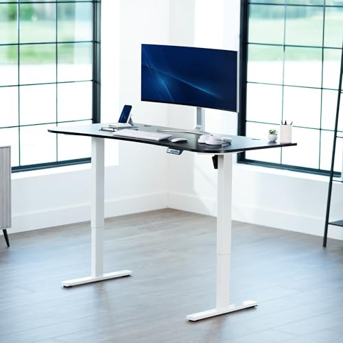 Image of VIVO Black Carbon Fiber 63 x 32 in Standing Desk, DESK-KIT-1W1R | Electric, Holds 220 lbs, Sit Stand Up, Height Adjustable, Home Office, Memory Presets, 1B Series, White Frame