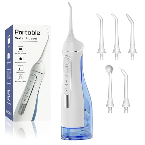 Image of Cordless Portable Water Flosser with 300ML Tank: Rechargeable Oral Irrigator with 5 Tips for Travel, Braces Care and Sensitive Gums, IPX7 Waterproof Teeth Cleaning Device(White)
