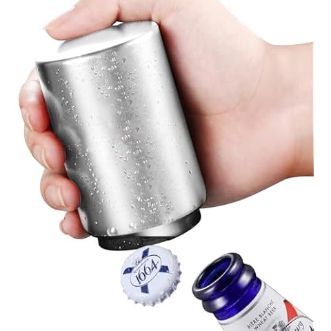 Beer Bottle Opener Automatic Bottle Opener Premium Bottle Opener Bottle Openers for Seniors, Down-Pop Off Beer Bottle Opener with Magnetic Cap Catcher, Cool Bartender Tools, Men Beer Gift （Silvery） Cover