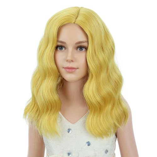 Image of PATTNIUM Golden Short Curly Wavy Wigs for Kids Girls Golden Blonde Side Part Shoulder Length Heat Resistant Synthetic Wig Halloween Cosplay Costume Party Daily Wigs