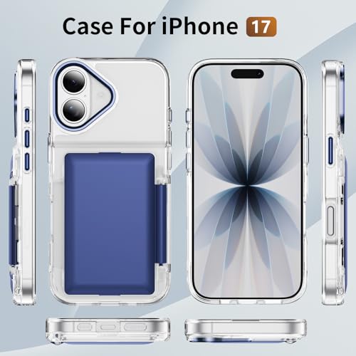 Coque iPhone 17 double fente carte de crédit rigide PC souple TPU bleu JF