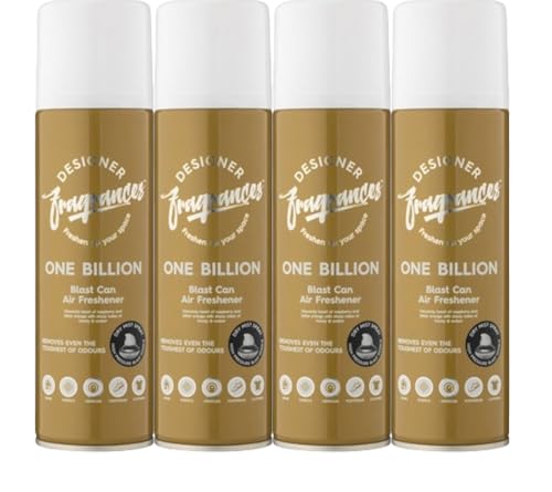 Designer Fragrances 4 Pack One Billion Air Freshener Blast Can- For Home & Vehicles – Natural Oils, Luxury Lasting Smell, Dry Mist Quick Release Spray – Deodorise & Neutralise Odours – 300ml