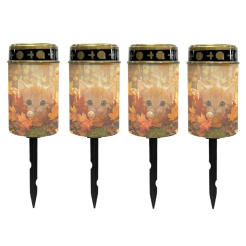 Image of Poceacles Flameless Candle Solar Powered Grave Outdoor Lights Cemetery Candle Flameless Fake LED Pillar Lights Outdoor Waterproof Lawn Decoration, Cute Cat Autumn Forest Leaf, Set of 4