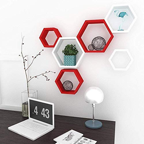 Image of BAS Engineered Wood Brown Art Shoppee Decorative Display With Hexagon Shape Set Of 6 Floating Wall Shelves And Racks For Living Room (Red & White)