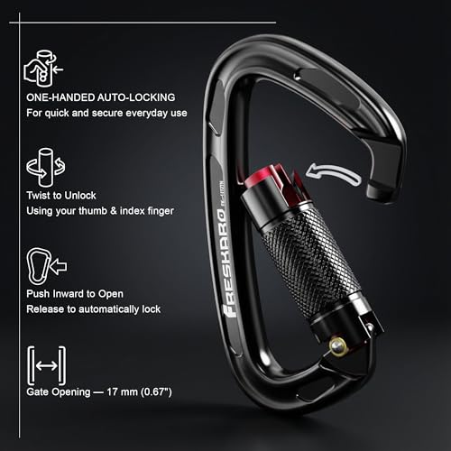 Image of FresKaro UIAA Certified 25KN Auto Locking Climbing Carabiner Clips, Twist Lock, and Heavy Duty Carabiners for Rock Climbing, Rappelling, and Mountaineering, D Shaped