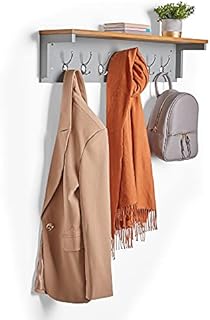 VonHaus Coat Hooks Wall Mounted - Grey Coat Rack w/ Large Shelf & 7 Strong Double Coat Hooks - Hallway Organiser w/ Ash Wood Veneer for Hall & Entryway - for Coat's, Scarves, Bags - 60kg Max Capacity