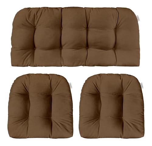 RSH DECOR: Sunbrella Play 3-Piece Tufted Wicker Cushion Set | Standard Size | Crafted with Sunbrella Performance Fabric | Outdoor Loveseat & U-Shaped Seat Cushions | Play Chestnut Mocha