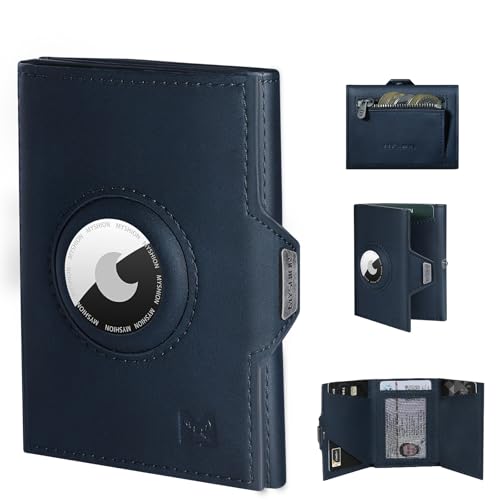 MYSHION Airtag Wallet for Men with Coin Pocket Slim Mens Wallet with RFID Protection & ID Window Minimalist Card Holder with 7 Slot for 8-12 Cards Snap Closure (Navy Blue)