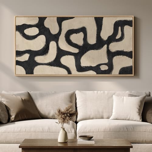 Framed Neutral Horizontal Abstract Wall Art for Living Room, Extra Large Black and Beige Modern Painting Print, Mid Century Canvas Artwork for Dining Room Bedroom Hallway Office Walls Decor, 30x60 Inch