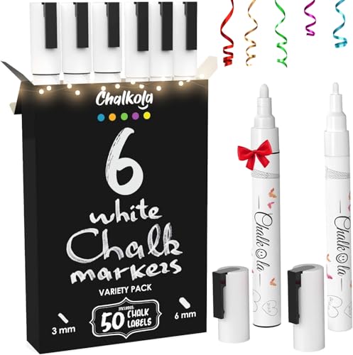 Chalkola 6 White Liquid Chalk Markers - White Dry Erase Liquid Chalk Pens for Chalkboard Signs, Blackboard, Car Window, Glass, Bistro | Variety pack - (3x) 3mm Fine Tip + (3x) 6mm Bold Size Ink Marker